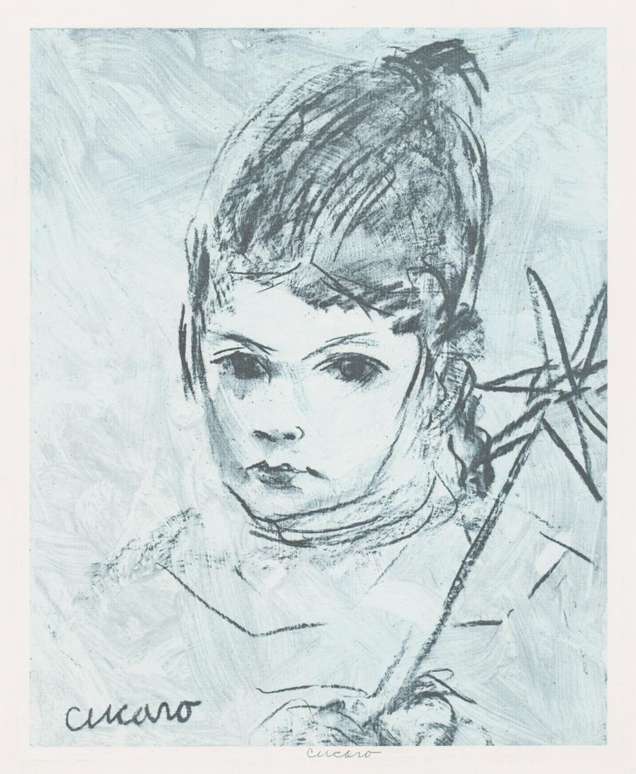 Pascal Cucaro Etching [Child Portrait]: Pascal Cucaro (California, Ohio 1915 - 2004) etching. Signed by artist lower center. Also signed in plate lower left. Measures 14.5-in. x 11.75-in. image size, 17.5-in. x 15-in. sheet size. In VG/VG+