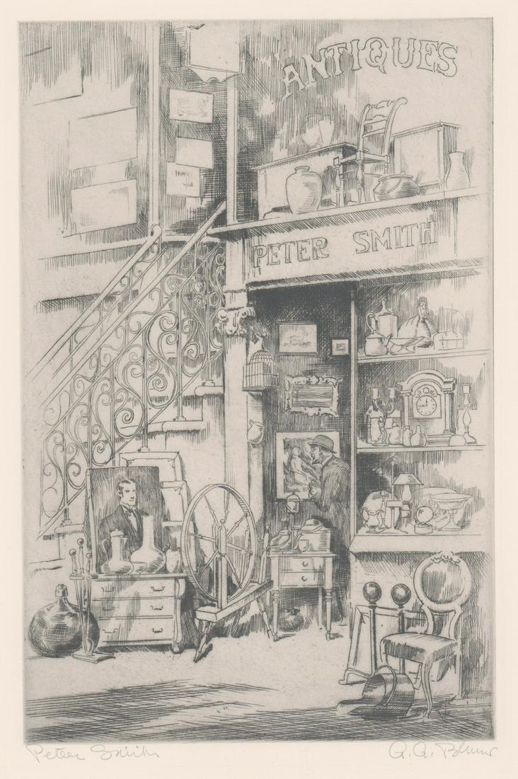 Alexander (AA) Blum Etching [Couple on Donkey]: Alexander Alex Aladar Blum (New York 1888 - 1969) etching. Signed by artist in pencil lower right. Title 'Peter Smith' in pencil lower left. In VG/VG+ condition, with tape residue upper corners. Measu