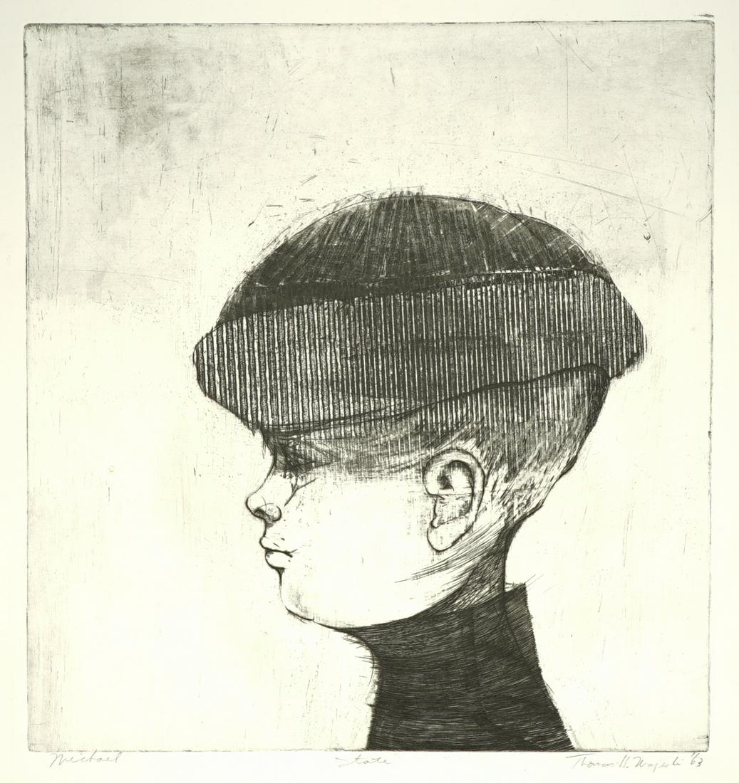 Thomas Majeski Etching [Young Boy Portrait]: Thomas Majeski (Iowa, Nebraska 20th Century) etching. Signed and dated (63) by artist in pencil lower right. Identified as 'State' in pencil lower center. Title 'Michael' in pencil lower left. In G+/V