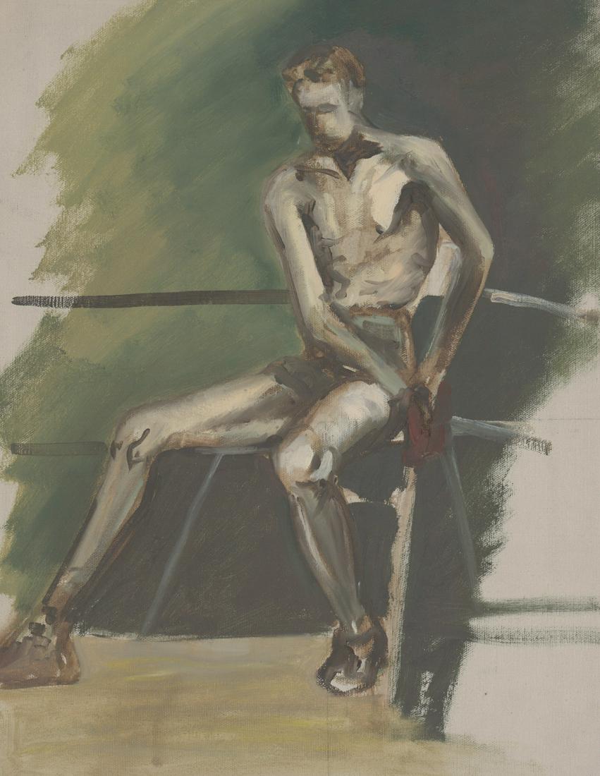 Original Oil on Canvas [The Boxer]: Original oil on canvas, unsigned. Measures 19.5-in. x 14.625-in. canvas size. In G+/VG+ condition. Unframed, loose and not mounted or glued down. If lot is absent of a condition report a condition rep
