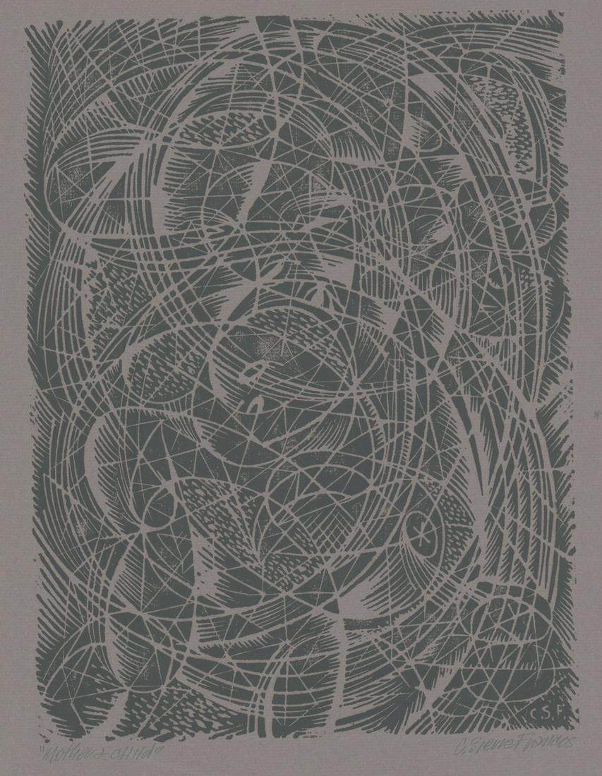 Carlos Sierra Franco Woodcut [Abstract, Geometric]: Carlos Sierra Franco woodcut. Signed 'C. Sierra-Franco' in pencil lower right. Title 'Mother and Child' in pencil lower left. Label information with woodcut identifies work as a facsimile of the origi