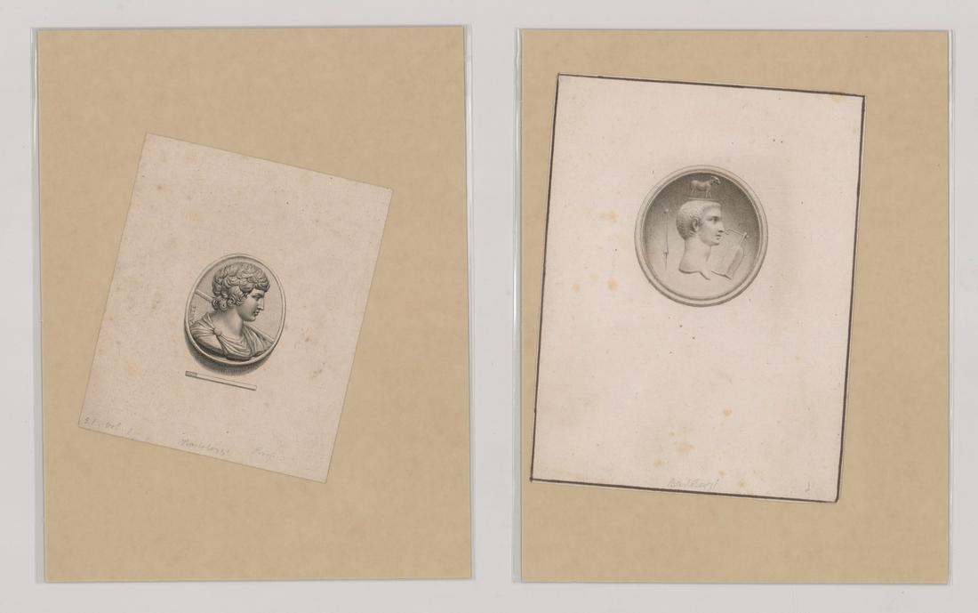 Francesco Bartolozzi Prints [Ireland, Building]: Two Francesco Bartolozzi (1727 - 1815) prints. Both with artist name in pencil lower center. 1) Titled 'Antique Cameo' and is after John Sherwin engraving. This print has 'Proof' written in pencil low