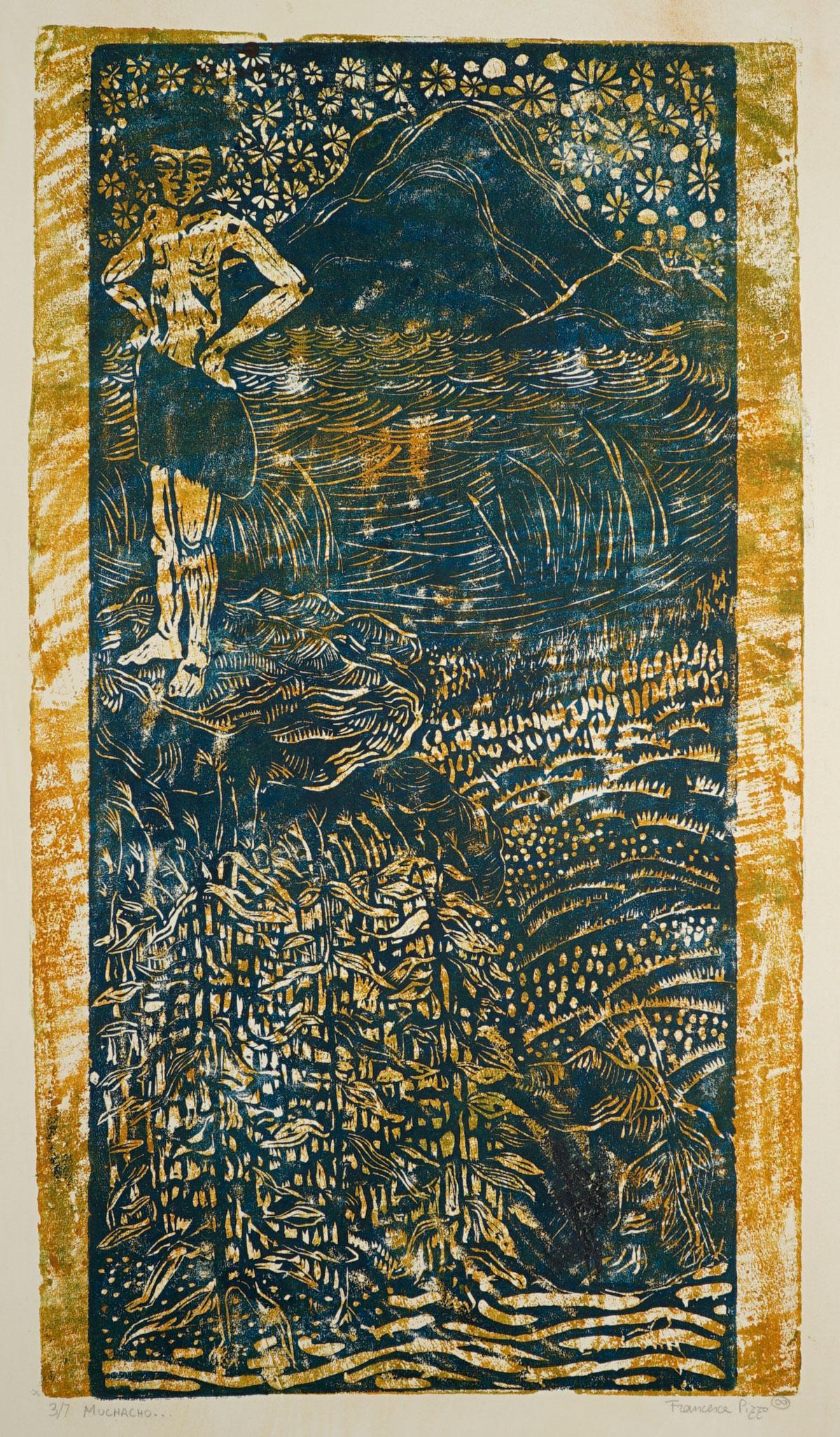 Francesca Pizzo Wood Engraving [Abstract, Jungle]: Francesca Pizzo (Italian b. 1962) wood engraving. Signed and dated by artist in pencil lower right. Infinity symbol in pencil above artist's name. Number and title '3/7 Muchancho...' in pencil lower l