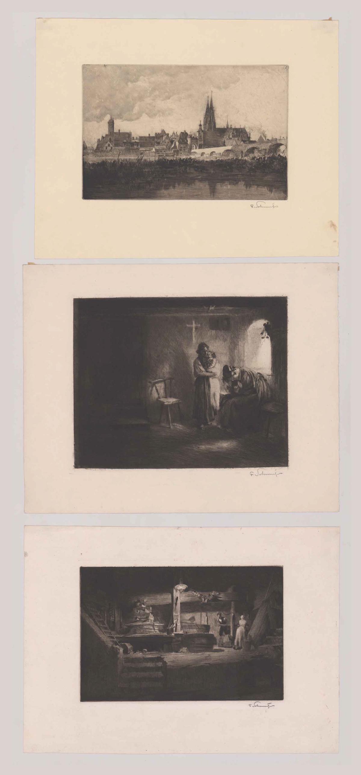 Ferdinand Schmutzer Etchings [Workers, Bridge]: Three Ferdinand Schmutzer (Austria 1833 - 1915) etchings. All signed by artist in pencil lower right. Smallest measures 11.5-in. x 14.5-in. sheet size, largest 12.125-in. x 16.875-in. sheet size. Imag