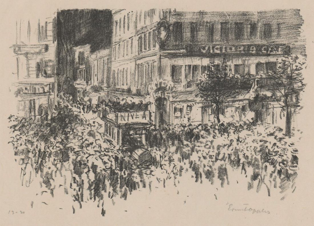 Ernst Oppler Print [City Scene]: Ernst Oppler (Germany 1867 - 1929) print. Signed by artist in pencil lower right. Measures 8-in. x 11-in. image size, 15-in. x 17.5-in. sheet size. In G/G+ condition, with tape residue upper corners,