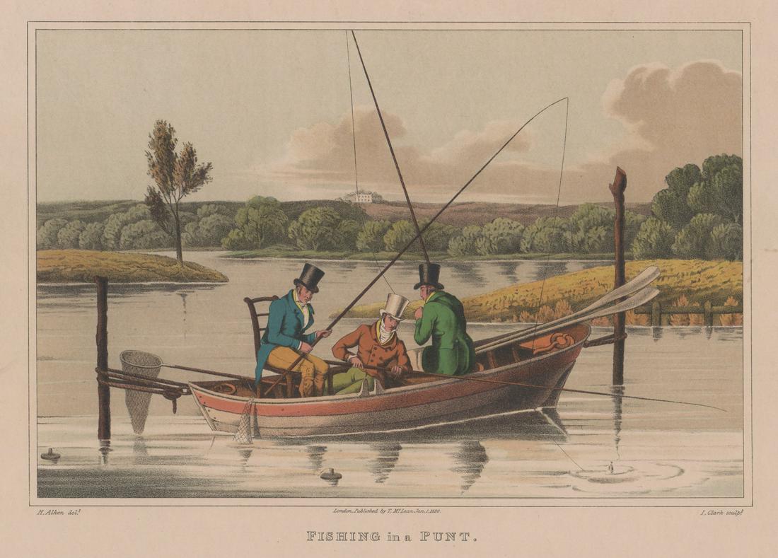 Henry Thomas Alken Engravings [Fishing]: Henry Thomas Alken Sr (England 1785 - 1851) engraving. Title 'Fishing in a Punt' stamped lower center. Measure 7.625-in. x 11.375-in. image size, 12-in. x 18.5-in. sheet size. In G/VG condition, with