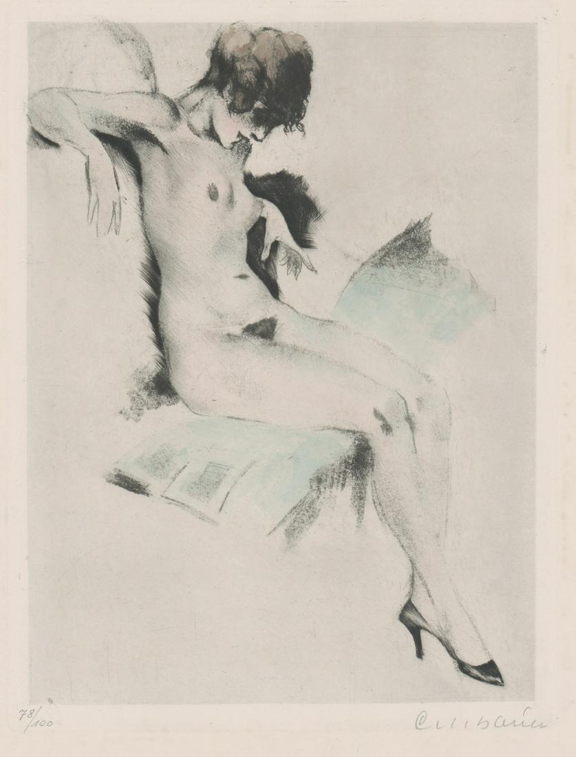 Illegibly Signed Lithograph [Sitting Nude]: Illegibly signed lithograph. Signed by artist in pencil lower right. Numbered '78/100' in pencil lower left. Image in G+/VG condition, with minor foxing and toning. Measures 11.625-in. x 8.5-in. image
