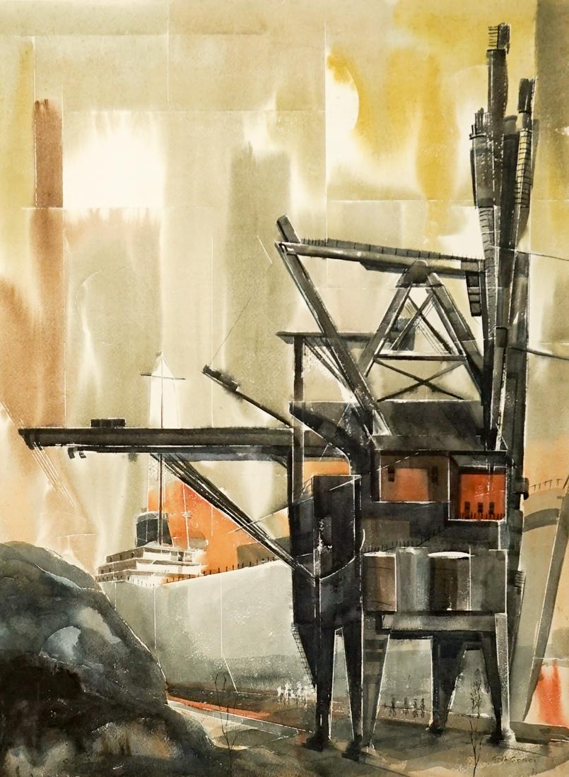 Earl Gessert Original Watercolor [Ship]: Earl Gessert (Wisconsin 1918 - 1996) original watercolor. Signed by artist in painting lower right. Sheet mounted on art board. Measures 30-in. x 22.5-in. sheet size, 25.75-in. x 26-in. board size. Pa