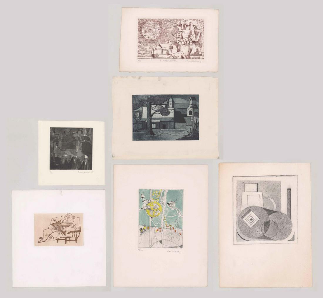 Etchings, Various Artists [Modernist, Abstract]: Six (6) assorted etchings by various artists (William Gropper, Jorge Dumas, two illegibly signed and two unsigned). Smallest measures 7.625-in. x 7.875-in. sheet size, largest 15.125-in. x 11.25-in. s