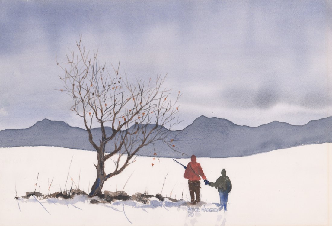 Bruce Haughey Watercolor [Winter Scene]: Bruce Haughey (Montana 20th Century) original watercolor. Measures 15.75-in. x 22.5-in. sheet size. VG/VG-EX condition with tape on verso. Unframed, loose and not glued or mounted. If lot is absent of
