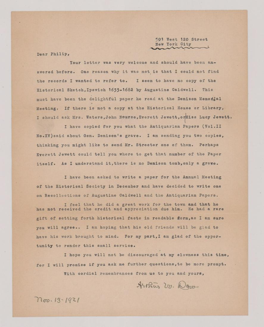 Arthur Wesley Dow TLS Typed Signed Letter: Arthur Wesley Dow TLS Typed Letter Signed. Letter measures 11 in. x 8.5 in. Fold lines, overall excellent. Signed lower right. Provenance: Estate of Russell Johanson, Ravenna Rare Books, Seattle, WA.