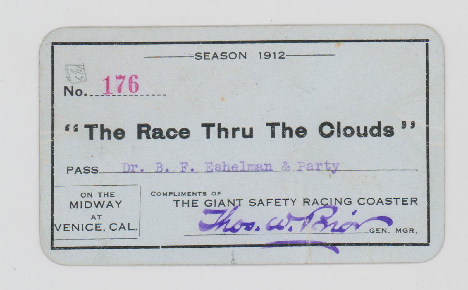 The Giant Safety Racing Coaster 1912 Season Pass: The Giant Safety Racing Coaster 1912 Season Pass. Measures 2.3125 in. x 4 in. Provenance: Estate of Russell Johanson, Ravenna Rare Books, Seattle, WA. If lot is absent of a condition report a conditio