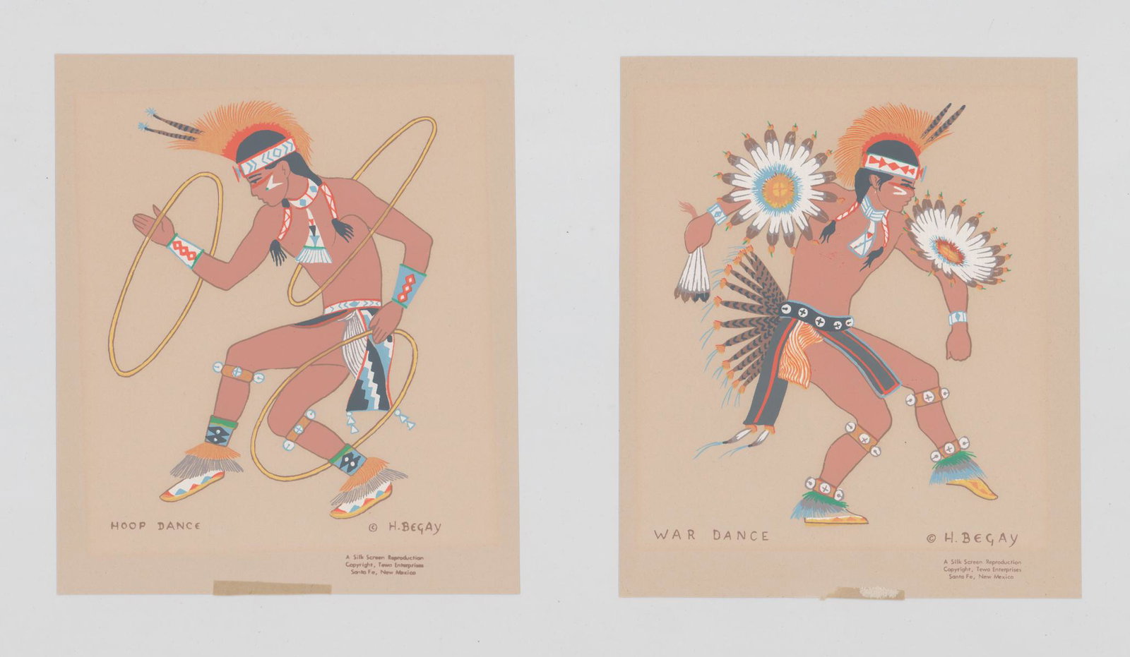 Harrison Begay Silk Screen Reproductions (2): Harrison Begay silk screen reproductions. They measure 7 in. x 6 in. Unframed, loose and not glued or mounted. Provenance: Estate of Russell Johanson, Ravenna Rare Books, Seattle, WA. If lot is absent