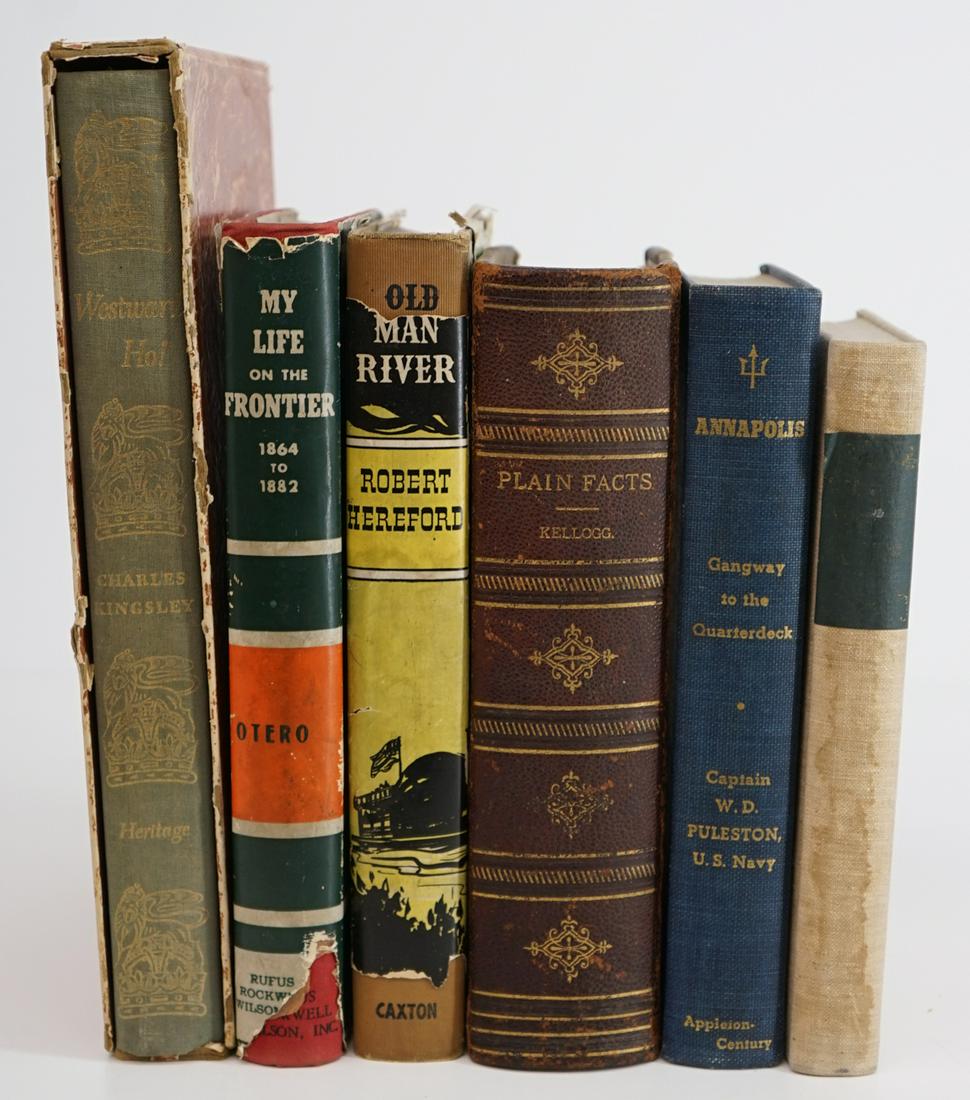 Non-Fiction (6) Books: Group of six non-fiction books. Includes: 1) Plain Facts for Old and Young by Kellogg. 1881. 2) Westward Ho! by Charles Kingsley. 1947 with color illustrations. Slipcase. 3) Old Man River by Robert He