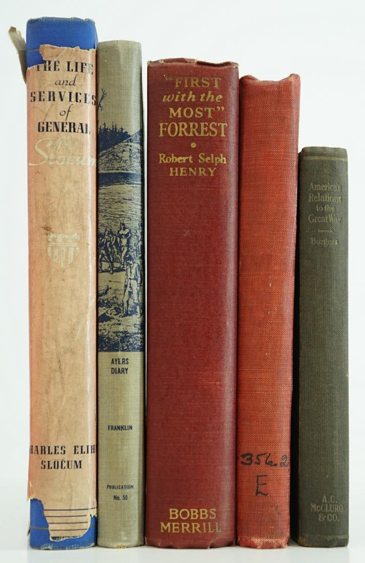 United States Militaria (5) Books: Group of five United States Militaria Books. Includes: 1) 'First with the Most' Forrest by Robert Selph Henry. 1944, first edition. Signed. 3) The Life and Service of Major General Henry Warner Slocum