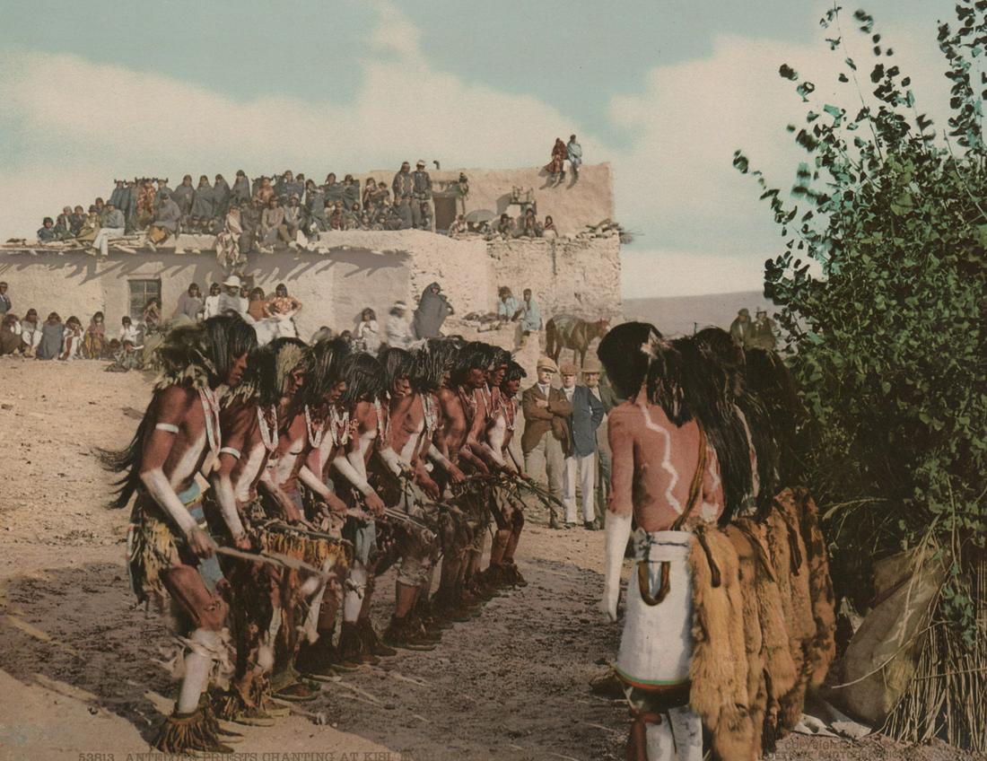 1902 Detroit Photographic Hopi Photochrom: Dated 1902 Detroit Photographic Photochrom print '53813. Antelope Priests Chanting At Kisi, Moki Snake Dance'. A William Henry Jackson photo. Measures 7 in. x 9 in. EX/EX+ condition. Provenance: the M