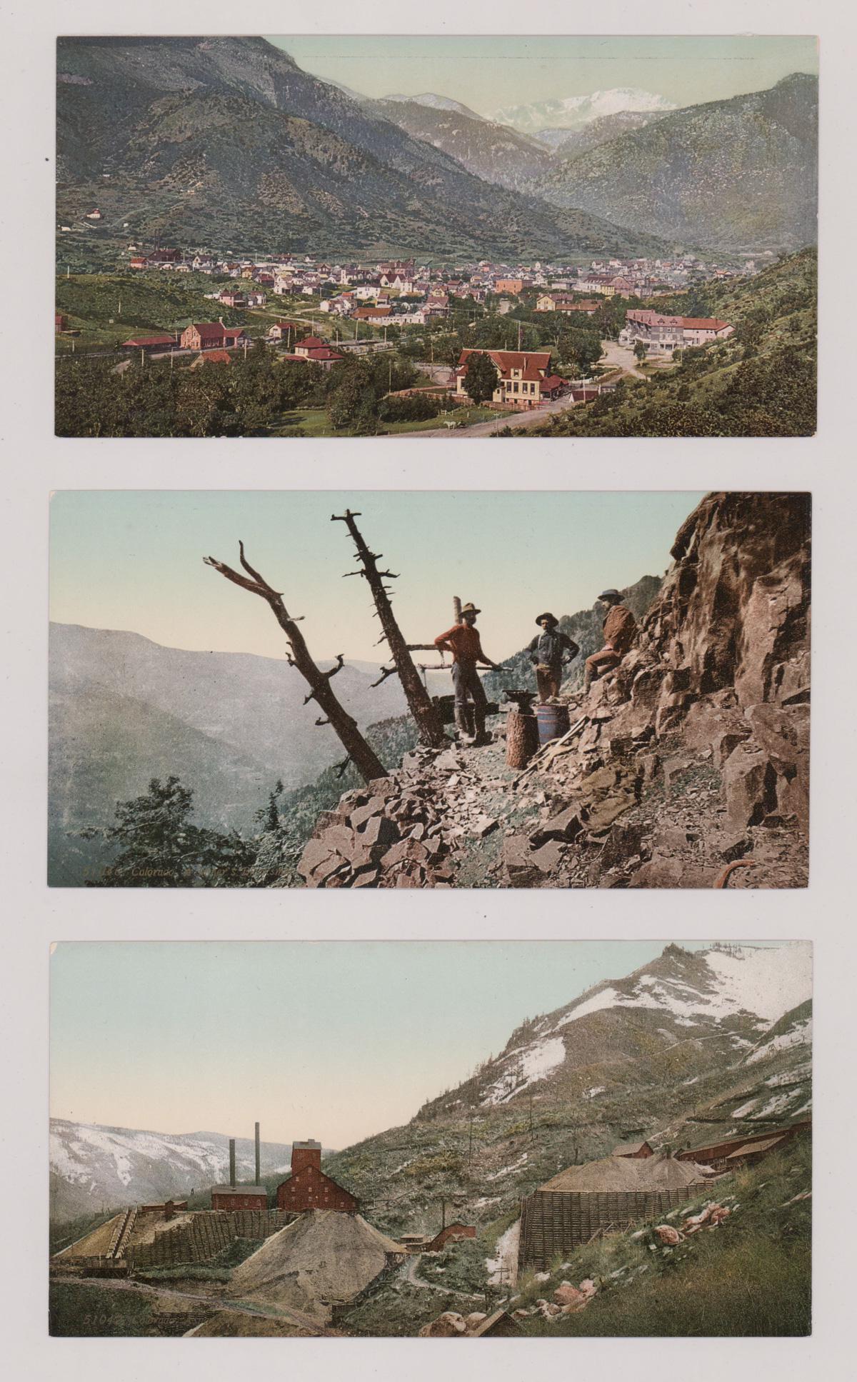Colorado Photochroms by Detroit Photographic: Three Detroit Photographic Photochrom prints from Colorado. They measure 3.75 in. x 7 in. EX/EX+ condition. Provenance: the Mark Rucker Collection. If lot is absent of a condition report a condition r
