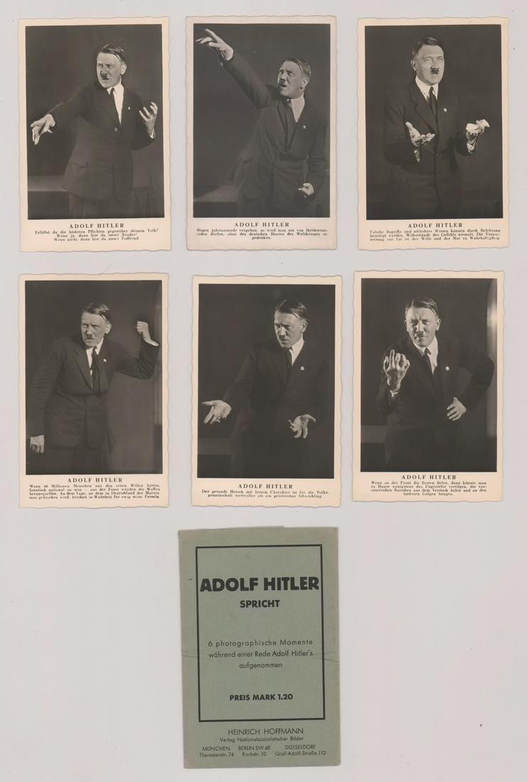 Adolf Hitler RPPC Set (6) by Heinrich Hoffman: Adolf Hitler real photo postcard set of six postcards with the folio. EX+/Near Mint. If lot is absent of a condition report a condition report may be requested via email. Condition report is provided