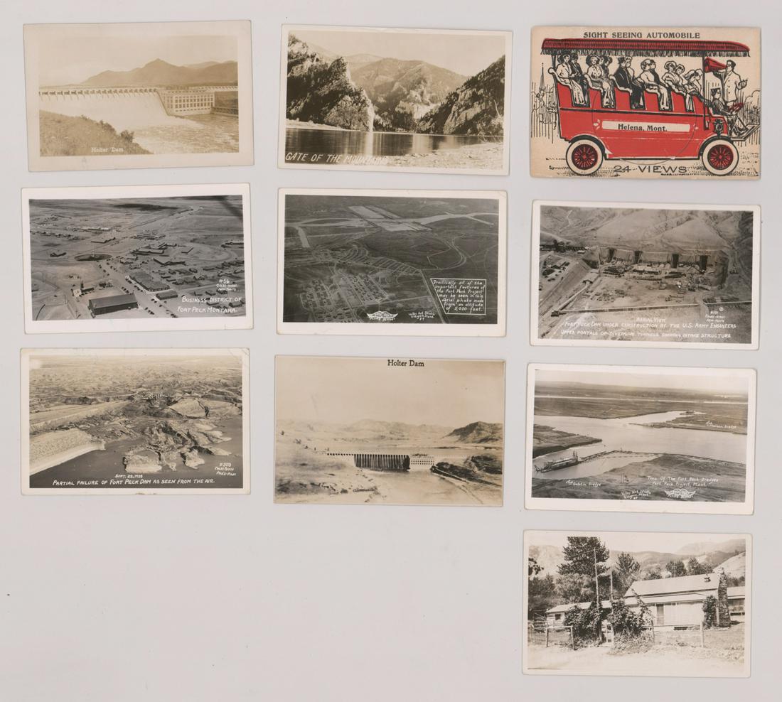 Montana Photo Postcards (10): Montana real photo postcard (9) plus 1 '24-view' postcard. Set includes images of Holter Dam, Fort Peck Dam and more. In VG-VG+/VG+-EX condition. If lot is absent of a condition report a condition rep