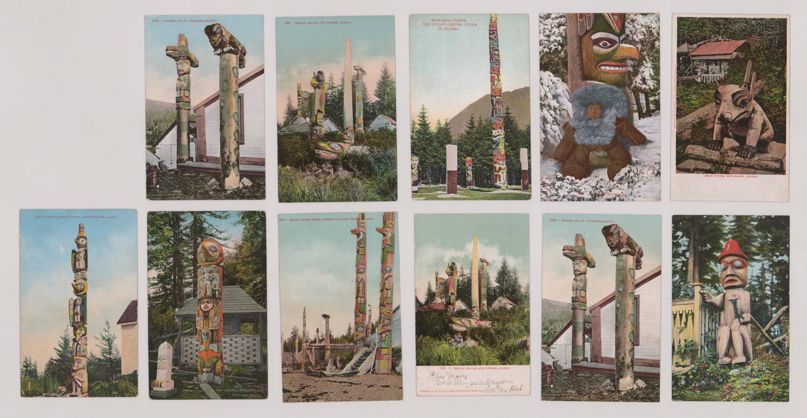 Alaska Totem Postcards (11): Alaska totems postcard set of (11). In VG-VG+/VG+-EX condition. If lot is absent of a condition report a condition report may be requested via email. Condition report is provided as an opinion only an