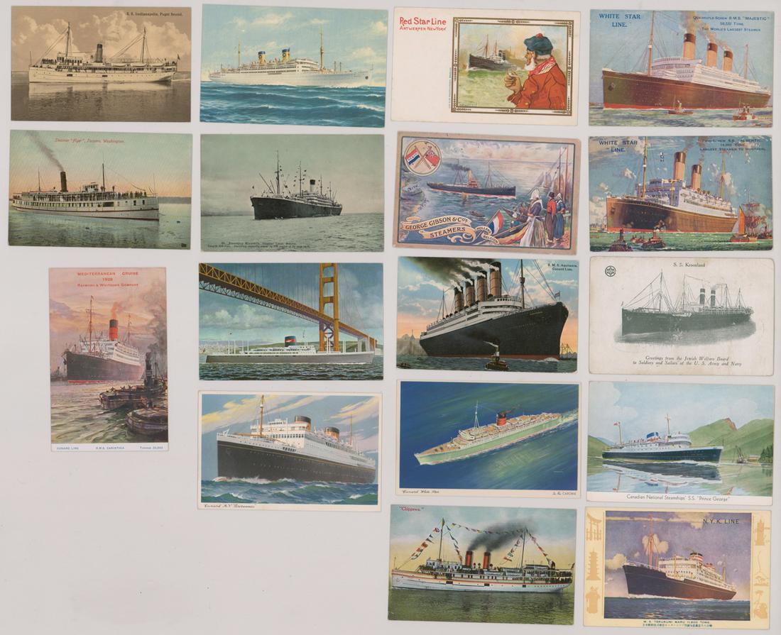 Cruise Ships, Ocean Liners Antique Postcards (17): Cruise Ships, Ocean Liners vintage and antique postcards, set of (17). In VG-VG+/VG+-EX condition. If lot is absent of a condition report a condition report may be requested via email. Condition repor