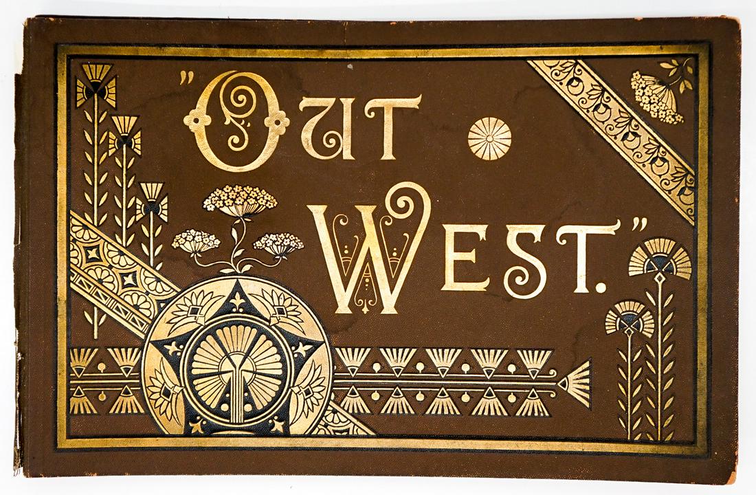 Out West Pictorial Souvenir: Out West pictorial souvenir fold-out banner. Photographs of people and places.26 pp. Each photo is identified. Housed in cloth with gilt lettering and design. Cover worn and spine cracked. Measures 6.