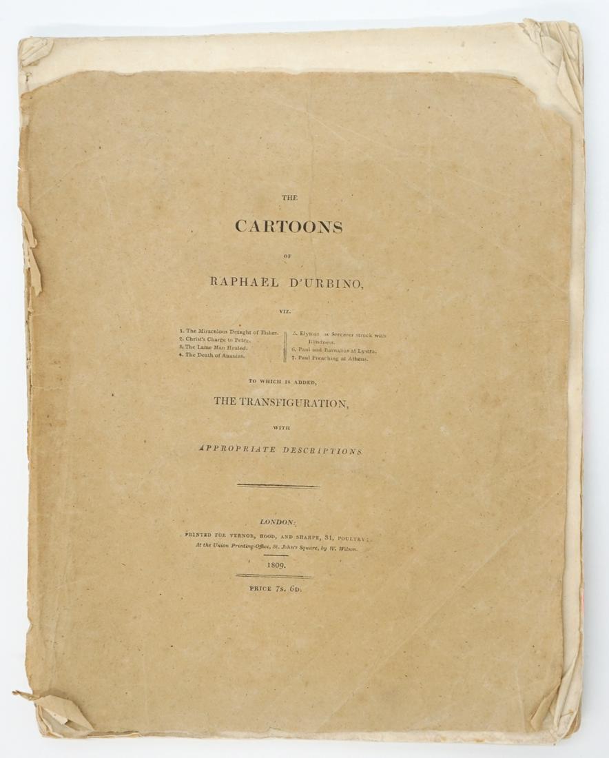Cartons of Raphael D'Urbino 1809 Religious: SCARCE The Cartons (Cartoons) of Raphael D'Urbion (Urbino). Softcover with eight engravings. Description of each on opposite page. String bound. Title page loose. Measures 11.25 in. x 8.75 in. x .25 i