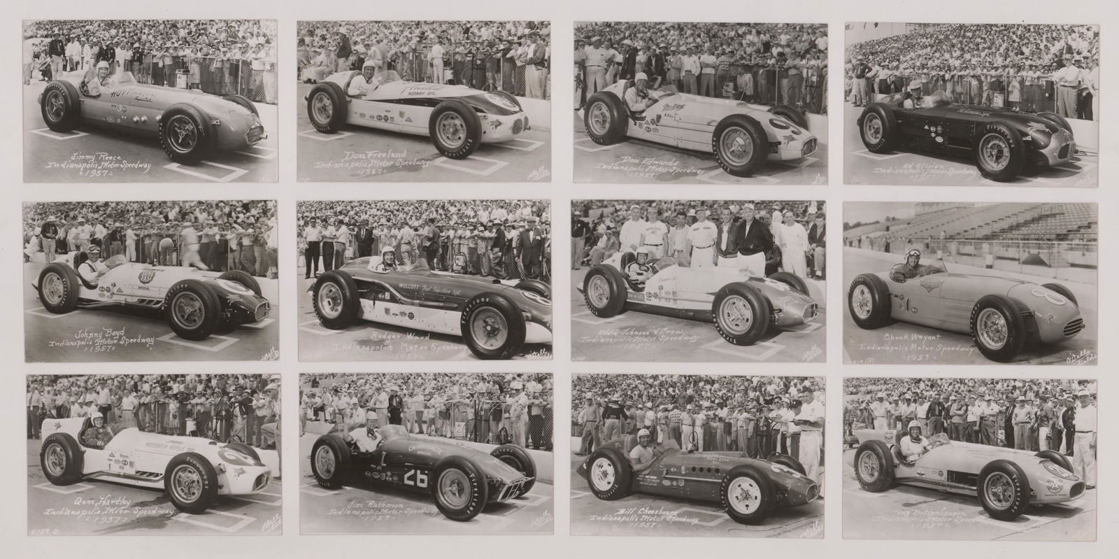 Indy 500 Vintage RPPCs (12): Indy 500 vintage real photo postcards, set of (12). In VG-VG+/VG+-EX condition. If lot is absent of a condition report a condition report may be requested via email. Condition report is provided as an