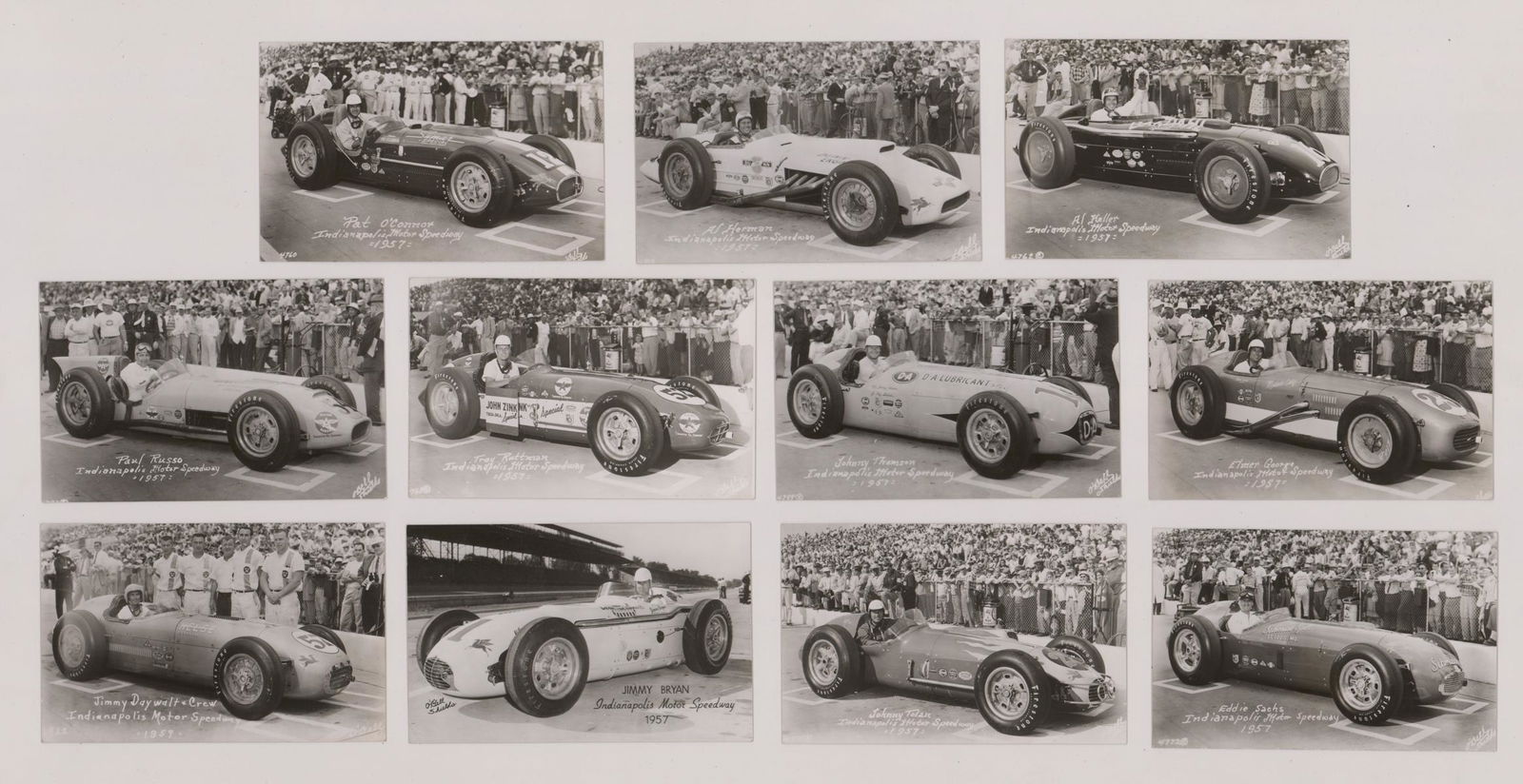 Indy 500 Vintage RPPCs (11): Indy 500 vintage real photo postcards, set of (11). In VG-VG+/VG+-EX condition. If lot is absent of a condition report a condition report may be requested via email. Condition report is provided as an