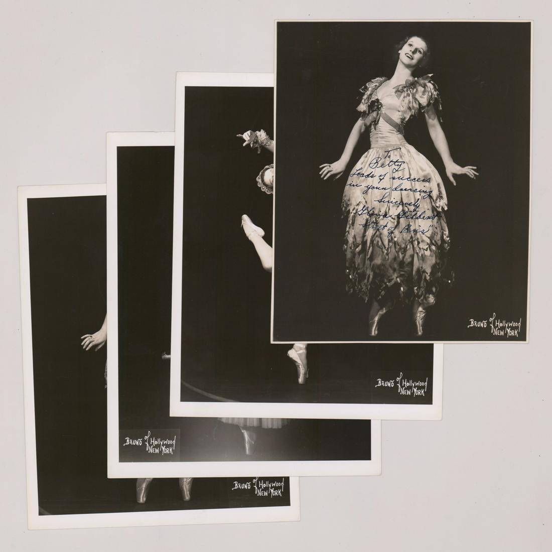 Gloria Gilbert Photographed by Bruno of Hollywood: Four Gloria Gilbert (American Dancer) photographed by Bruno of Hollywood, New York vintage publicity still photos. Glossy surface, single-weight gelatin silver prints. Measures 10.125 in. x 8 in. Thre