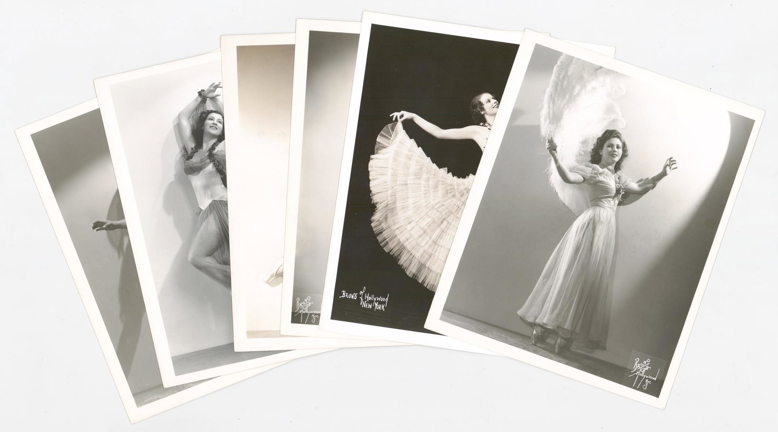Bruno of Hollywood, N.Y. Ballerina Photos (6): Six vintage ballerina publicity photos by Bruno of Hollywood and New York. They measure approximately 10 in. x 8 in. Five of the six are mat surface, double-weight gelatin silver prints. Excellent con