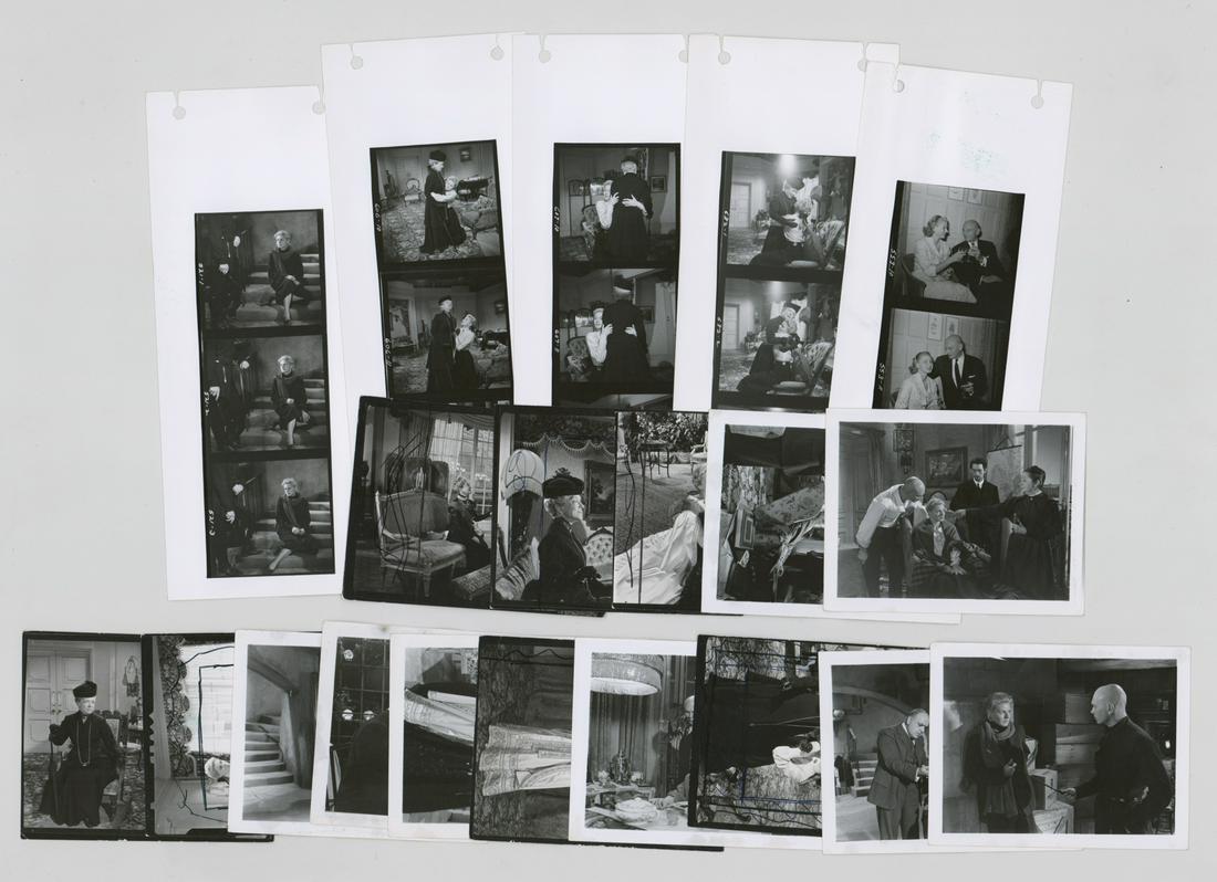 Ingrid Bergman in Anastasia Production Photographs: Ingrid Bergman in Anastasia (20th Century Fox, 1956) group of production and snapshot photographs and contact strips, Includes (15) photographs measuring 4 in. x 5 in. and (5) contact strips measuring