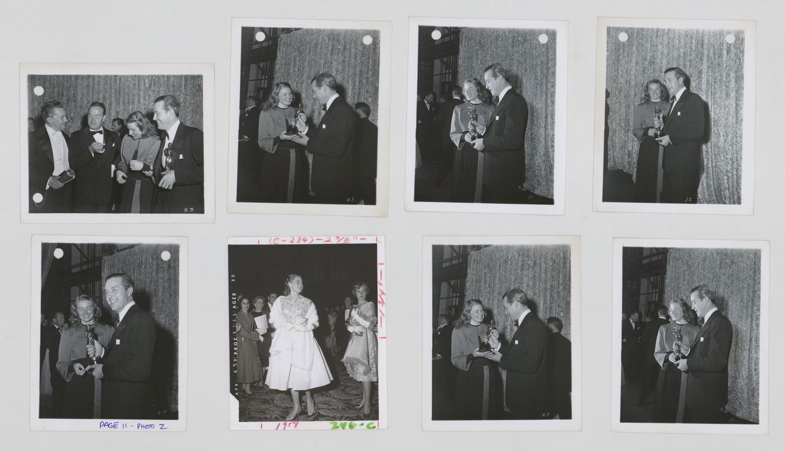 Ingrid Bergman Candid Photos at the Oscars (8): Eight candid photos of Ingrid Bergman at the Oscars. They measure 4 in. x 5 in. VG-EX/EX condition with six of the seven having curved sheets. Provenance: Formerly the personal collection of Robert Os