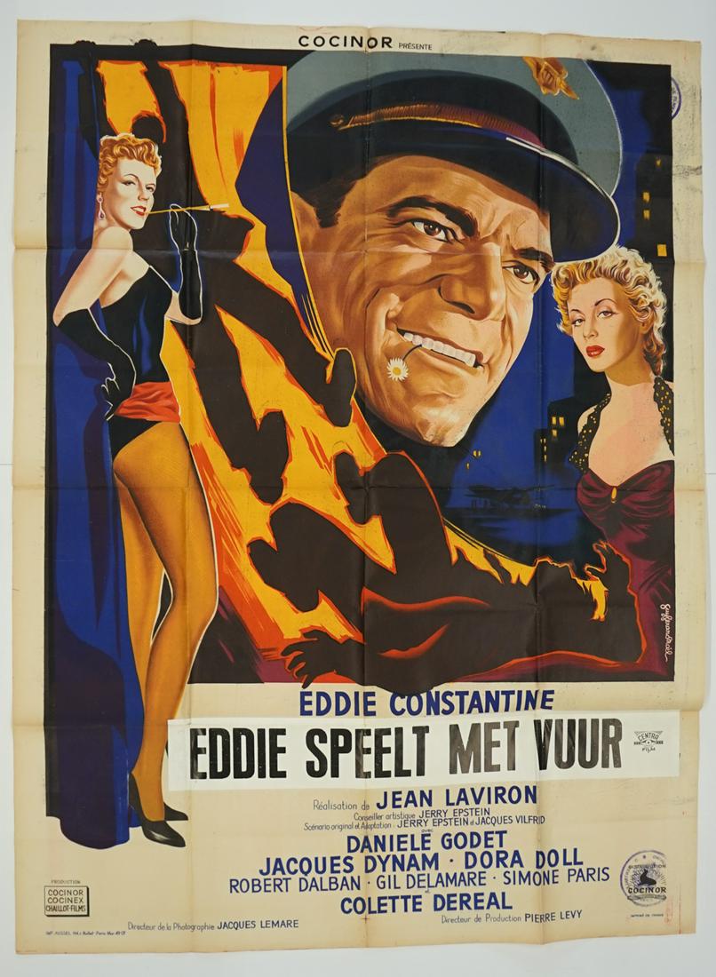 Eddie Constantine Large French Movie Poster: Eddie Constantine large movie poster (France, 1958). Measures 63 in. x 47.25 in. VG/VG+ condition with light creases and some tape on verso at folds. Appears to have some ink that has bled rather than