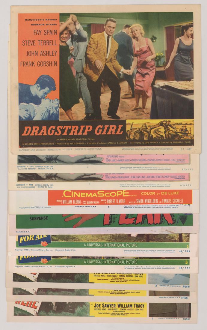 Vintage Movie Lobby Cards (10): Group of ten vintage movie lobby cards. Includes: 'Fear', Ingrid Bergman; 'Dragster Girl', Frank Gorshin; and more. Measures 11 in. x 14 in. each. Provenance: Private Collection, Seattle, WA. If lot i