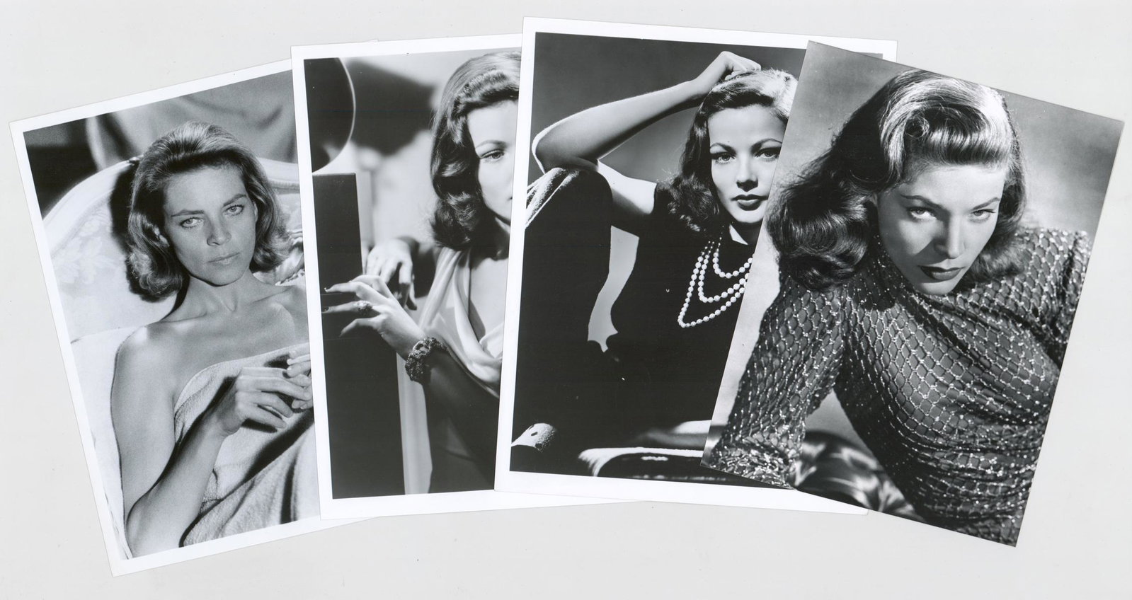 Actress PRINTED LATER Photos (4): Lauren Bacall and other PRINTED LATER photos. Four black and white single-weight glossy surface. Measure approximately 9.375 in.- 10 in. x 7 in. - 8.125 in. Provenance: Formerly the personal collectio