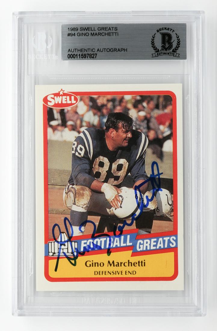 Gino Marchetti Autographed Football Card: Gino Marchetti autographed football card. Authenticated and encapsulated by Beckett Authentication Services. If lot is absent of a condition report a condition report may be requested via email. Condi