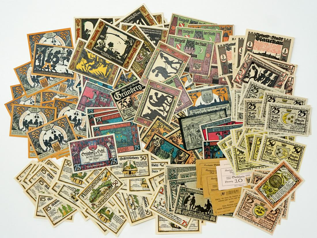 Group of German and Assorted Foreign Currency: Group of German Notgeld and other assorted foreign currency Approximately 235 piece count. If lot is absent of a condition report a condition report may be requested via email. Condition report is pro