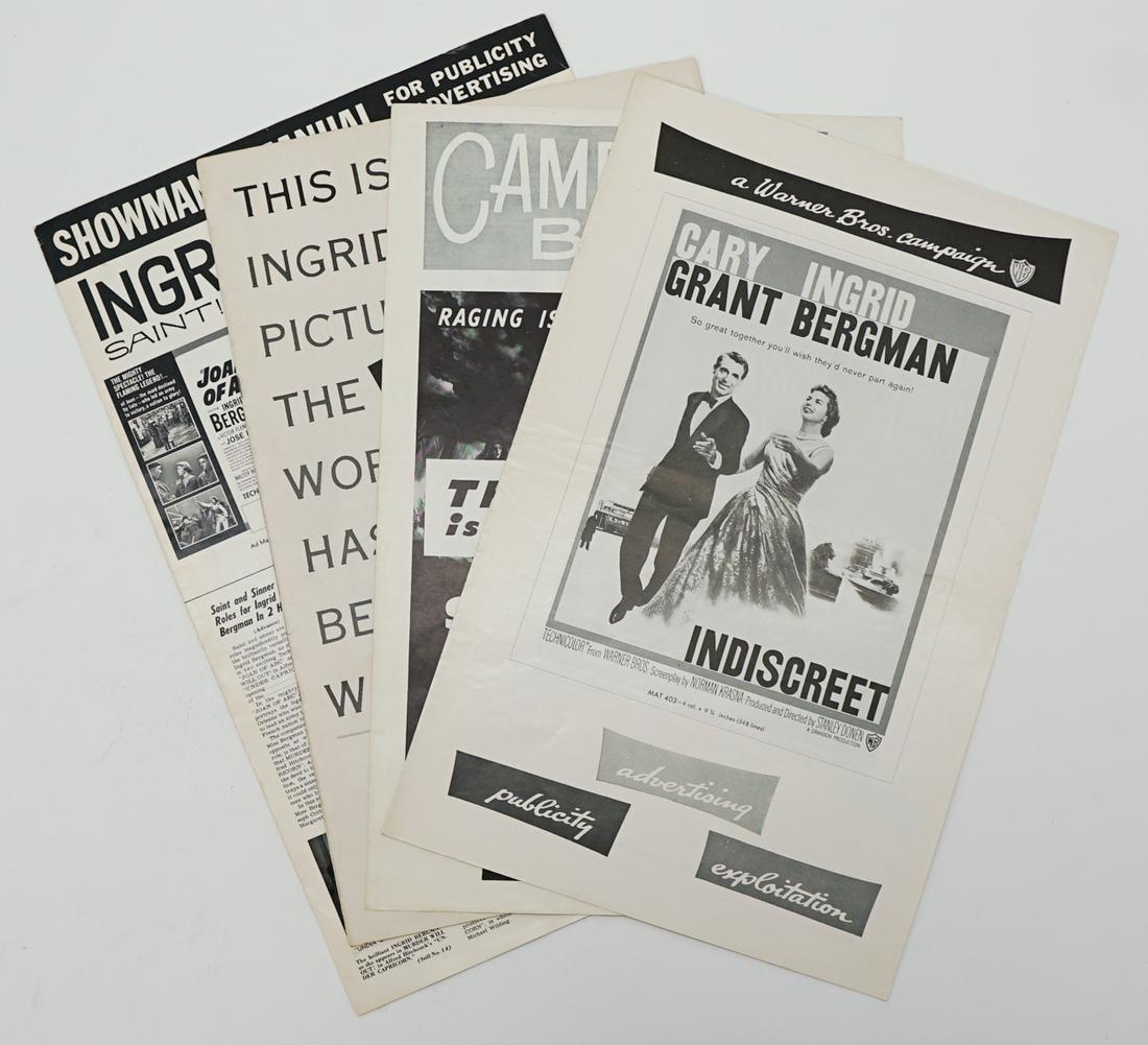 Ingrid Bergman Campaign Books (4): Group of four Ingrid Bergman campaign books. Includes: 1) Stromboli (RKO, 1950) 4 pp. 2) Showman's Manual features 'Joan of Arc' and 'Under Capricorn' . Tri-fold, 6 pp. 3) Indiscreet (Warner Bros., 19
