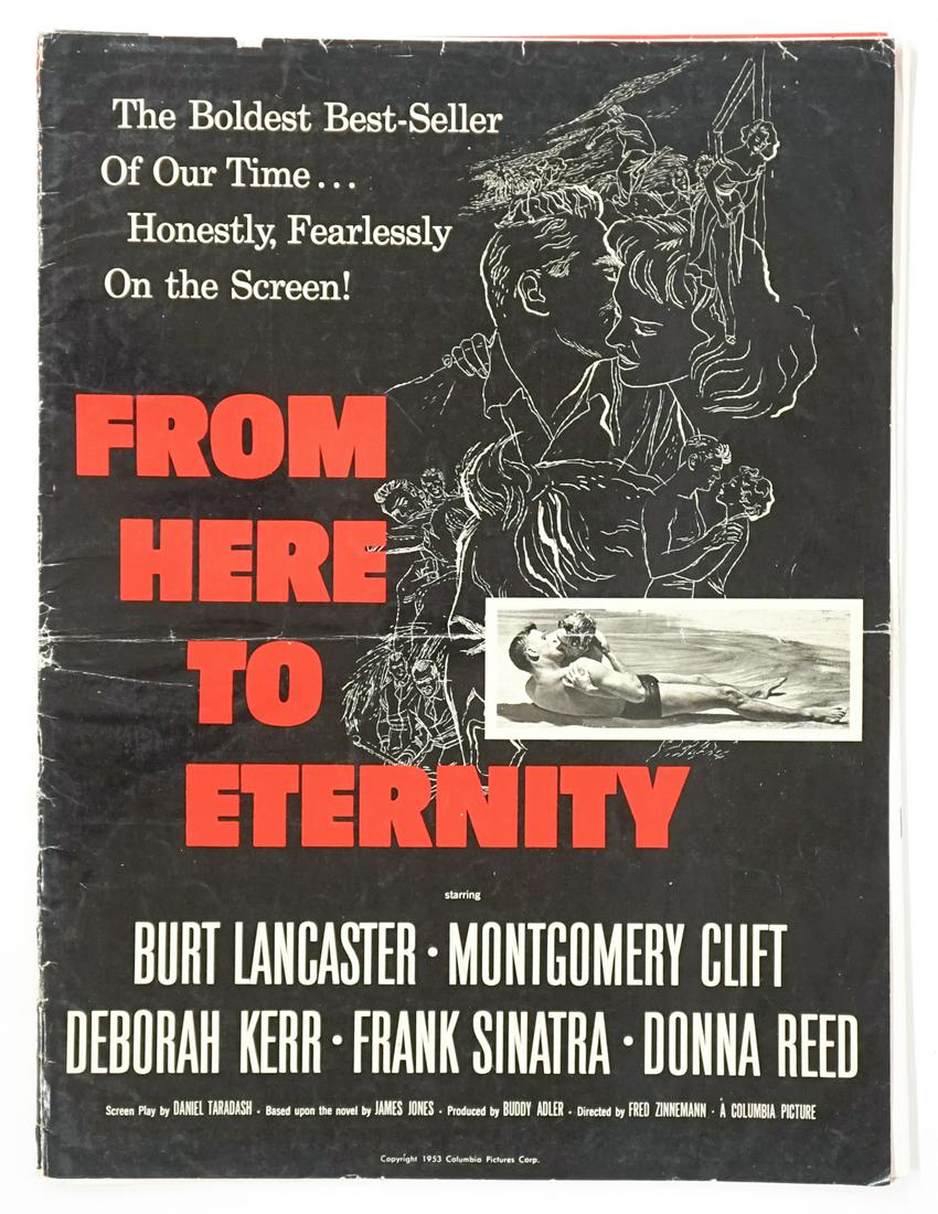 From Here to Eternity Campaign Books (3): Burt Lancaster and Deborah Kerr 'From Here to Eternity' (Columbia, 1953) campaign book (16 pp.), Academy Award Campaign (10 pp.), and Advertising Section (16 pp.). Group measures 16 in. x 12 in. Prove