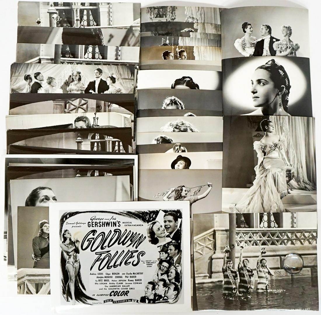 Goldwyn Follies Production and Promotional (55): Group of fifty-five production and publicity 'The Goldwyn Follies' (Samuel Goldwyn, 1938). 'Photograph of Cogburn' stamped on verso of production photos. Measure 7.25 in. x 9.25 in.; 6.5 in. x 8.75 in