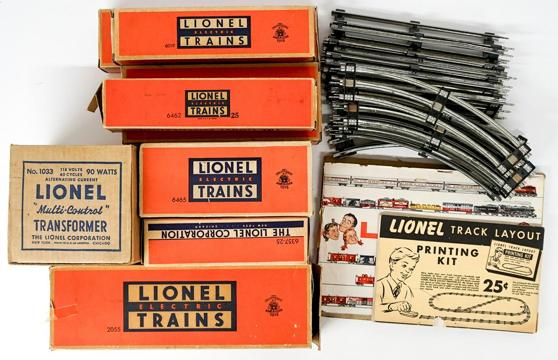 Lionel 1953 Set 1503 WS Train Set EX/EX+: Lionel set 1503 WS with boxes. All trains appear to be EX/EX+ condition. Includes Locomotive No.2055, Tender With Whistle No.6026W, Red Hopper Car No.6456, Caboose No.6357-25, Green Gondola Car No.646