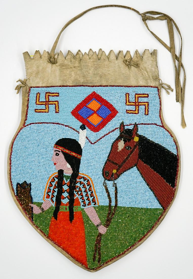 Native American Beaded Bag: An old Native American double-sided beaded bag. Measures 13.75 inches x 10.5 inches. Excellent condition. Buyer must view photographs or scans to assist in determining condition and ask further questi