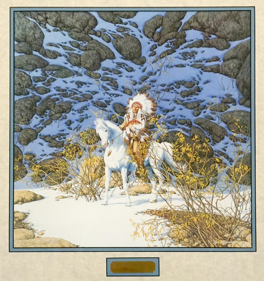 Bev Doolittle Signed and Numbered Print: Bev Doolittle signed and numbered print. Titled 'Eagle Rock'. Signed in pencil lower left and numbered in pencil lower left '29626/48000'. Measures 15.75 in. x 15.75 in. image size and 23.25 in. x 23.