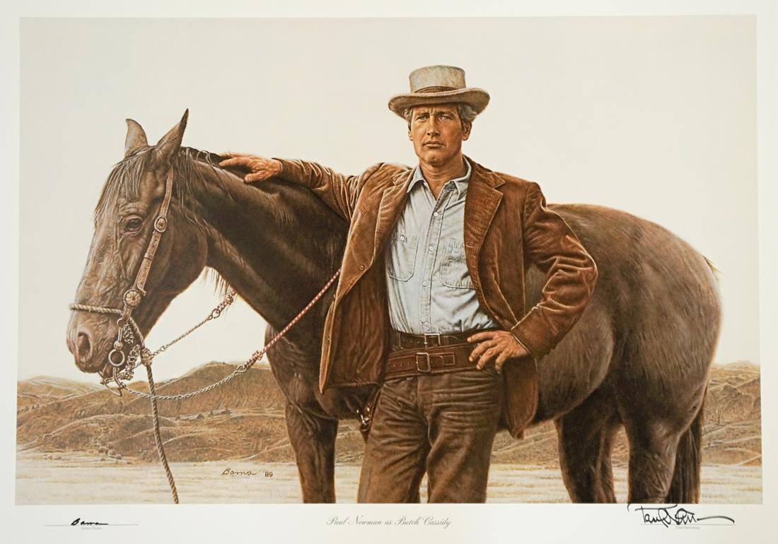 Paul Newman Signed James Bama Print: James Bama and Paul Newman signed and numbered print. Titled 'Paul Newman as Butch Cassidy'. Signed in pen lower right by Newman, signed in pen lower left by James Bama and numbered in pencil lower le