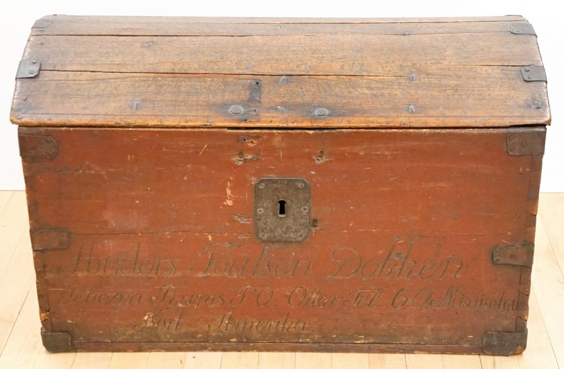 Mid-19th Century Wood Chest Pelican Rapids, Minnes: A mid-19th century or earlier wood chest that belonged to Anders Poulsen Dokken, Pelican Rapids, Minnesota. Measures 18 in. x 30.5 in. x 17 in. If lot is absent of a condition report a condition repor