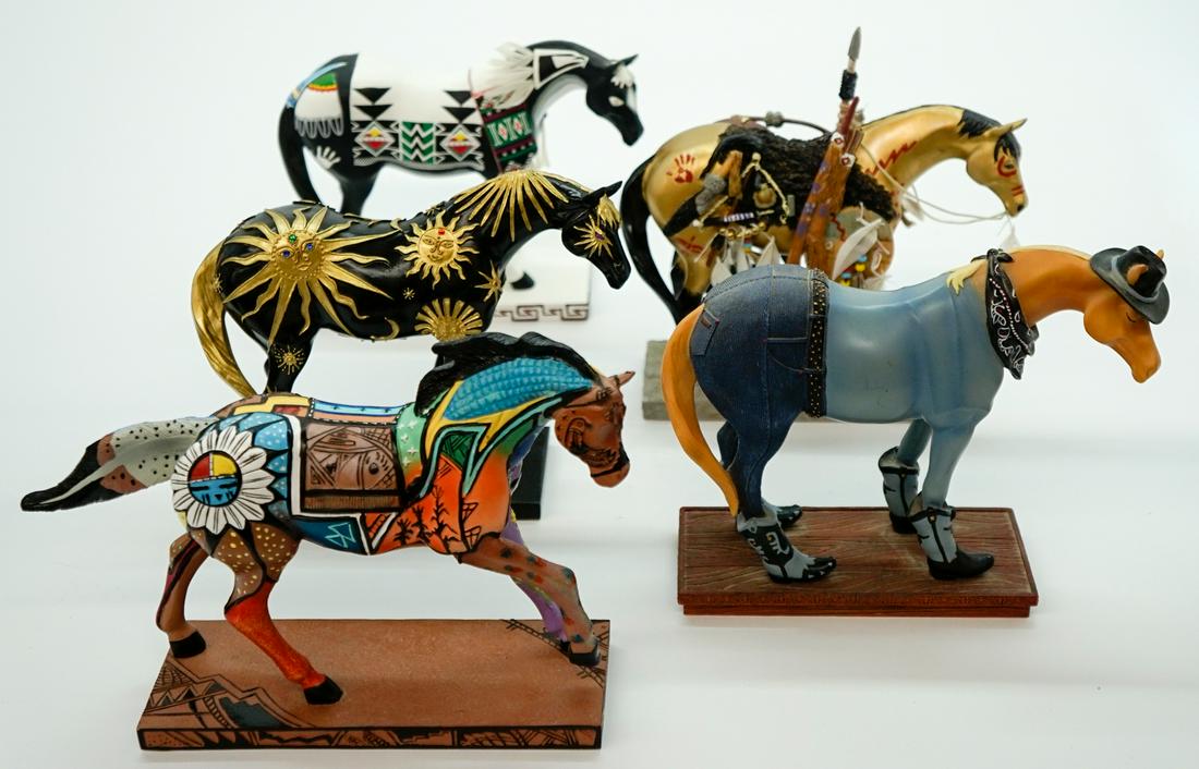 The Trail of the Painted Ponies (5): Five horse figures from The Trail of Painted Ponies. They measure approximately 6 in. x 7.75 in. x 2.25. No damage or repairs. If lot is absent of a condition report a condition report may be requeste