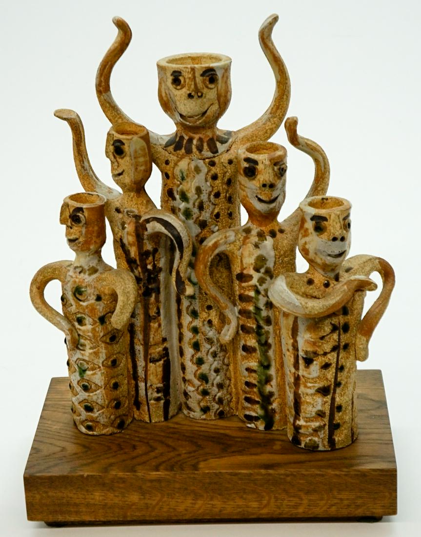 Hal Fromhold Pottery Figure Group: Hal Fromhold signed figure group. Measures 11.5 inches x 9.75 inches x 5.25. Excellent condition with no damage or repairs. Signed on verso. Buyer must view photographs or scans to assist in determini