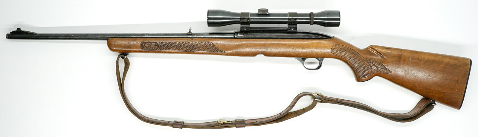 Winchester Model 100 .308 Rifle: Winchester Model 100 .308 rifle with Weaver Marksman scope. Serial number #192074. Measures 42.25 inches in length. G-VG/VG condition with medium use. Missing magazine. Buyer must view photographs or 
