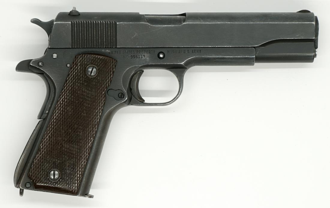 Remington Rand 1911 A1 U.S. Army .45: Remington Rand 1911 A1 U.S. Army .45. serial number #956119. Measures 9 inches in length. G-VG/VG condition with medium use. Buyer must view photographs or scans to assist in determining condition and